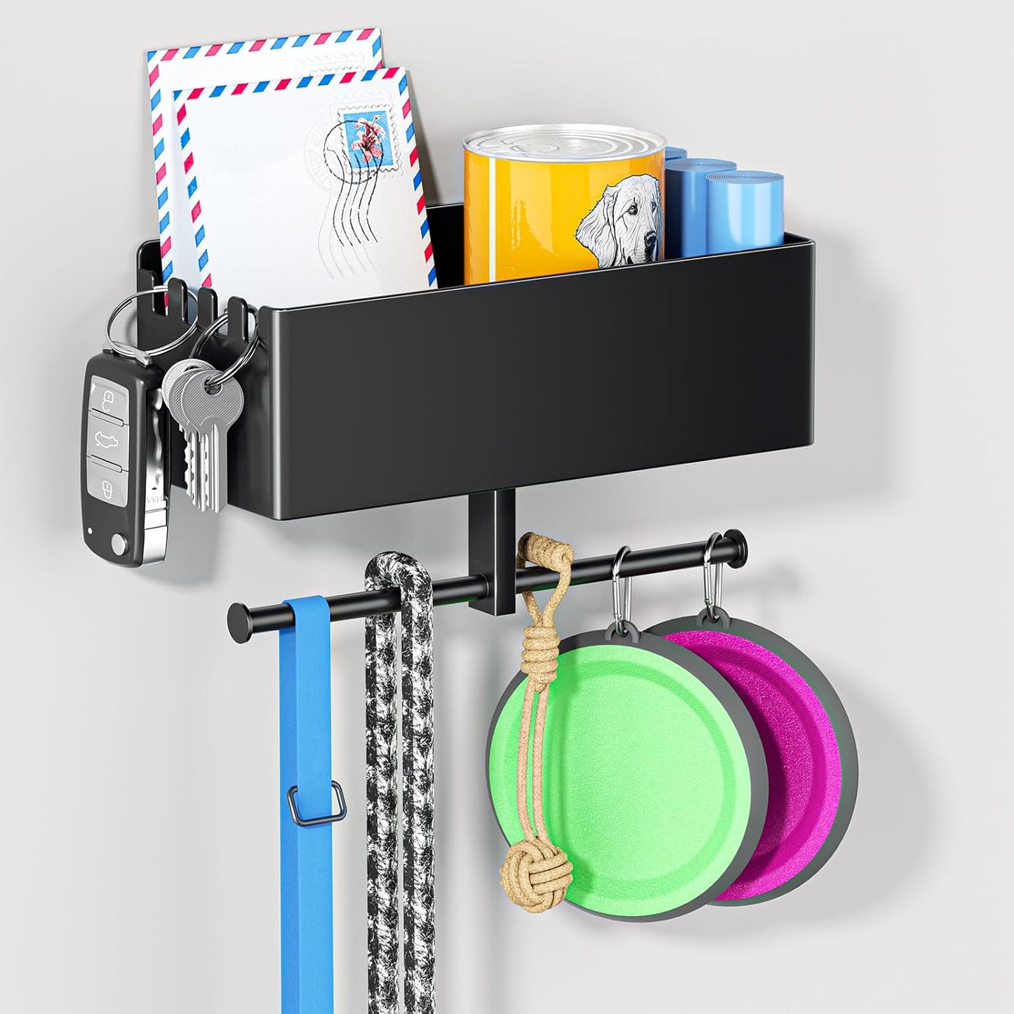 Dog Leash Holder for Wall, Dog Leash Hooks, Wall Mounted Leashes Hangers, Dog Storage Organizer, Key Holder with Storage Shelf, Pet Stuff Organizer for Pet Toys, Collar, Treats, Poop Bag (Black)