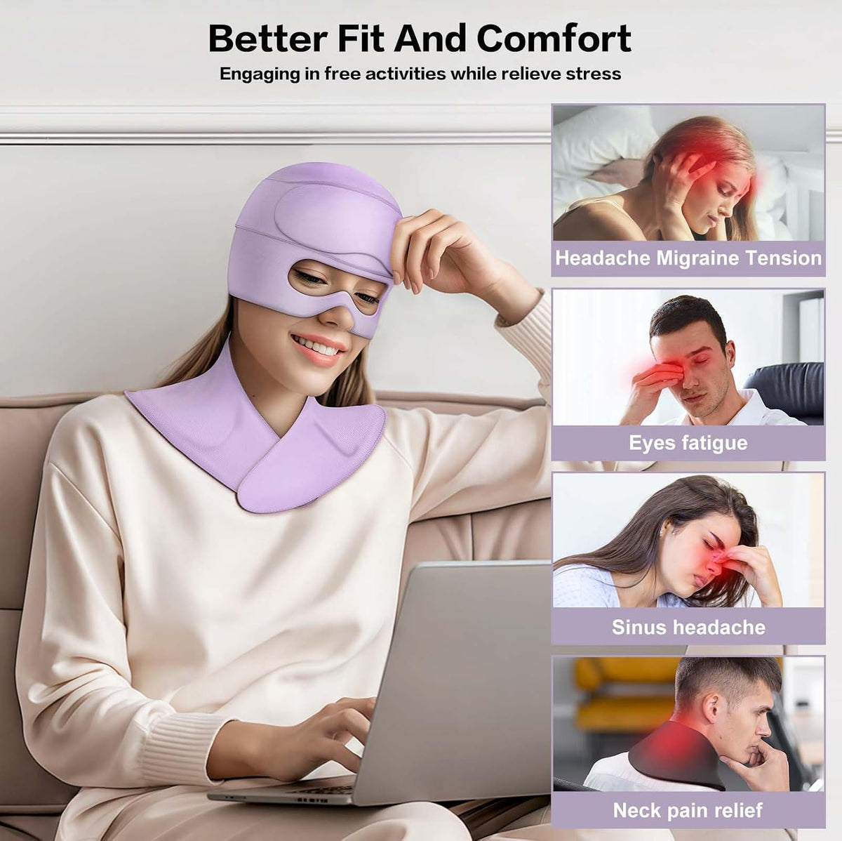 3 in 1 Migraine Relief Cap Neck Ice Pack Wrap Gel and Ice Eye Masks, Detachable Ice Caps with Eyes Masks, Hot and Cold Therapy for Relief of Headaches, Stiff Neck and Eye Fatigue (Purple)