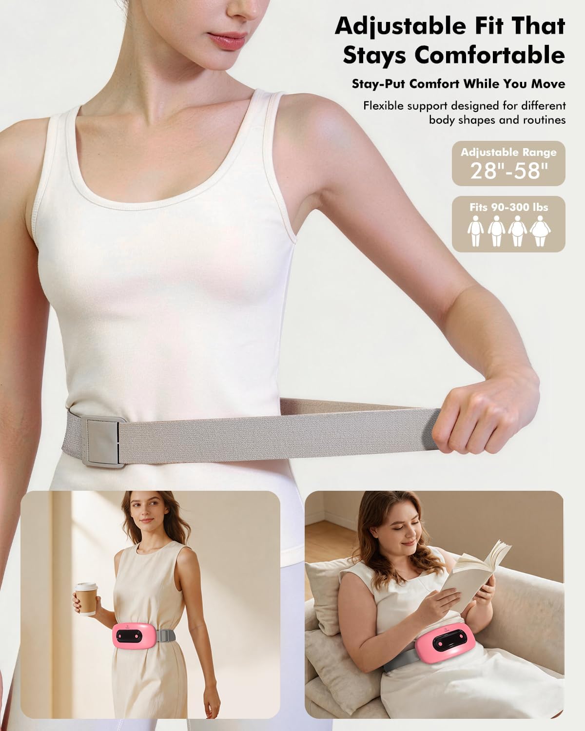Portable Cordless Menstrual Heating Pad with 4 Heat Levels and 4 Massage Modes,Electric, Fast Large Heating Belly Wrap Belt (Black)