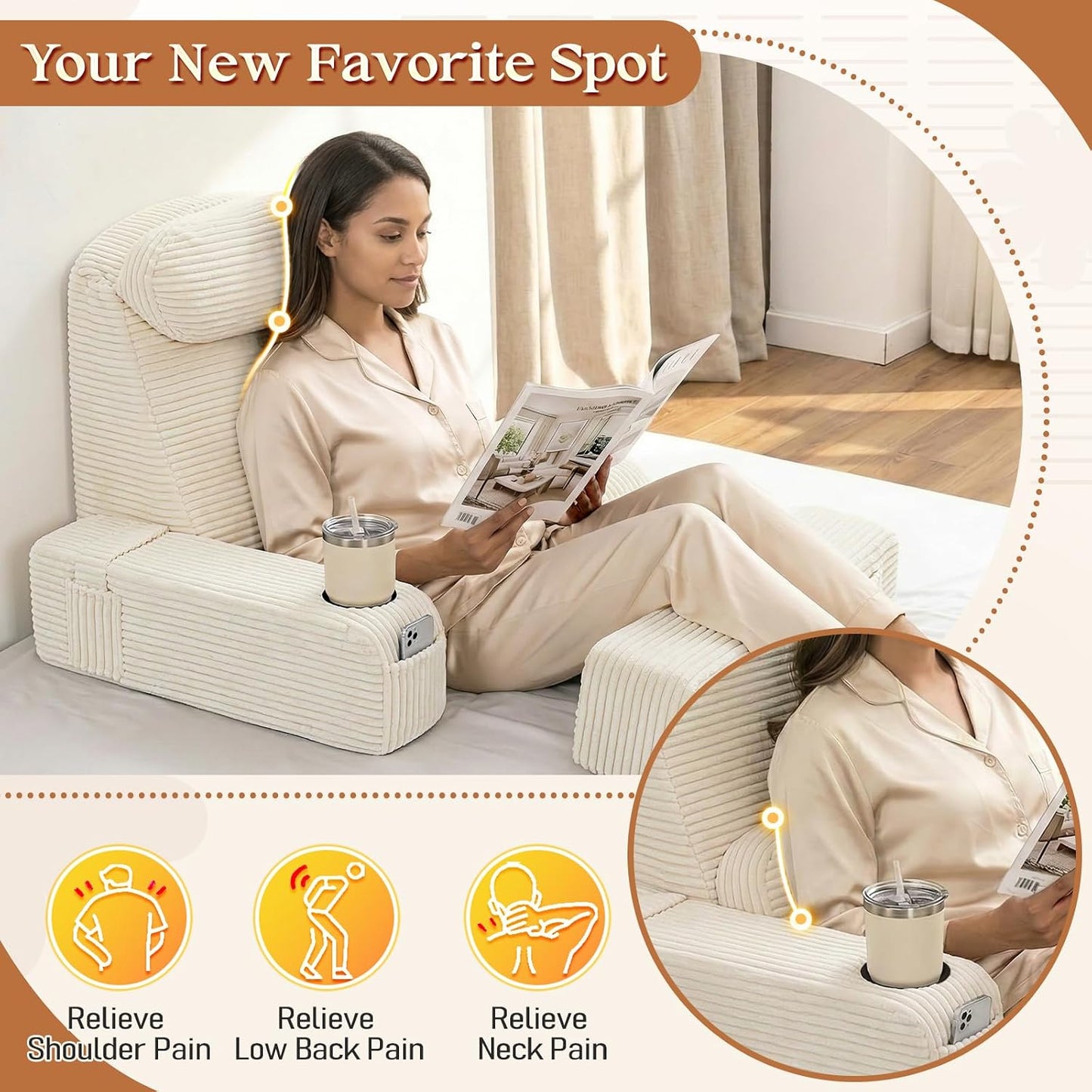 Reading Pillow/Backrest Pillow with Arms, Cup Holder & Phone Pocket | Bed Rest Pillow with Adjustable Headrest, Corduroy Fabric for Back Support in Bed/Sofa/Floor (Off-White, 19 INCH)