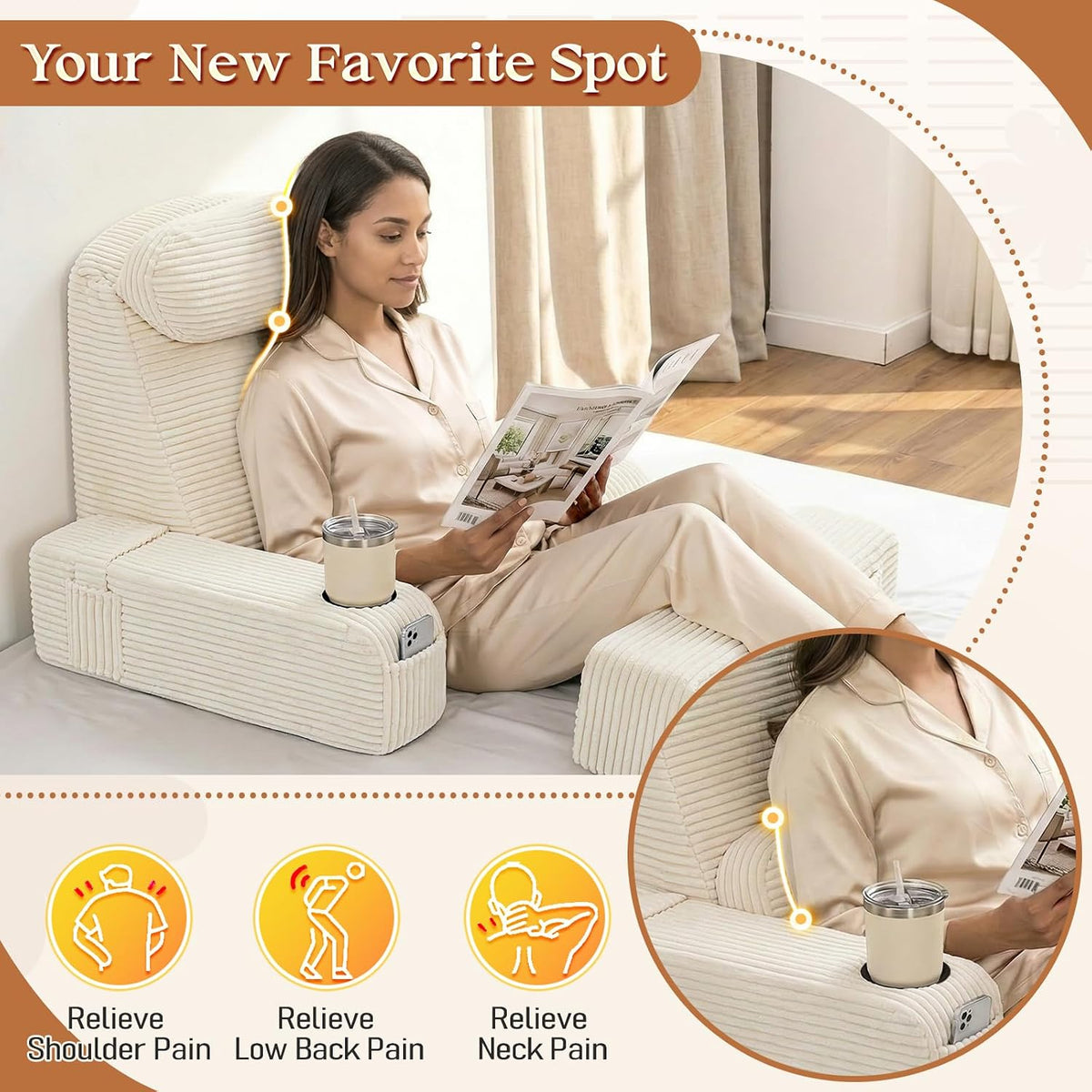 Reading Pillow/Backrest Pillow with Arms, Cup Holder & Phone Pocket