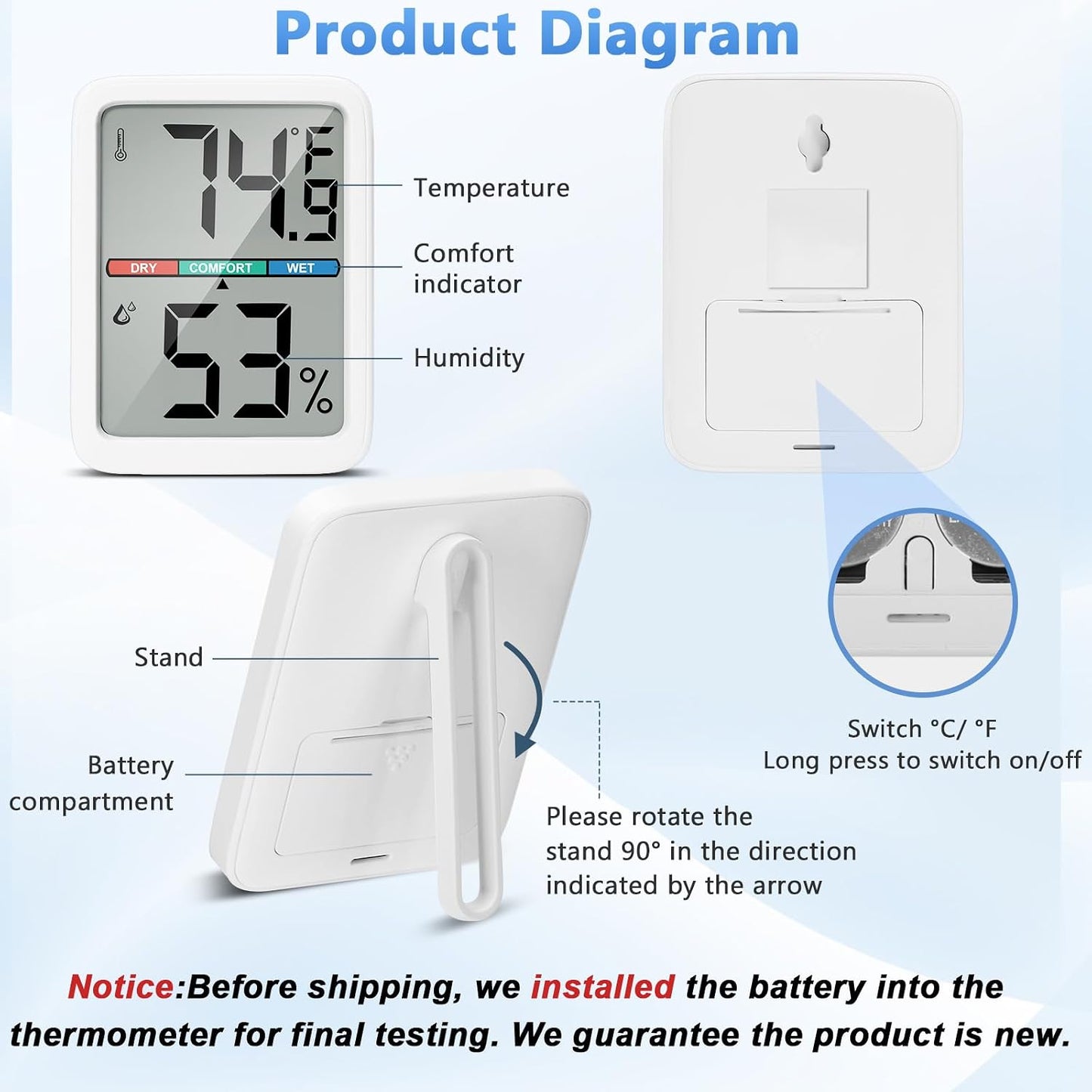 Digital Thermometer Hygrometer, Large LCD Screen Room Thermometer Temperature, Wall Thermometer Humidity Indoor with High Accuracy, Suitable for Greenhouse, Home and Office Measuring Devices