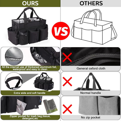 Large Cleaning Caddy Bag Built-in hard plastic sheet Aluminum foil lining | Waterproof nylon, aluminum foil lining, detachable dividers, dual straps for housekeepers