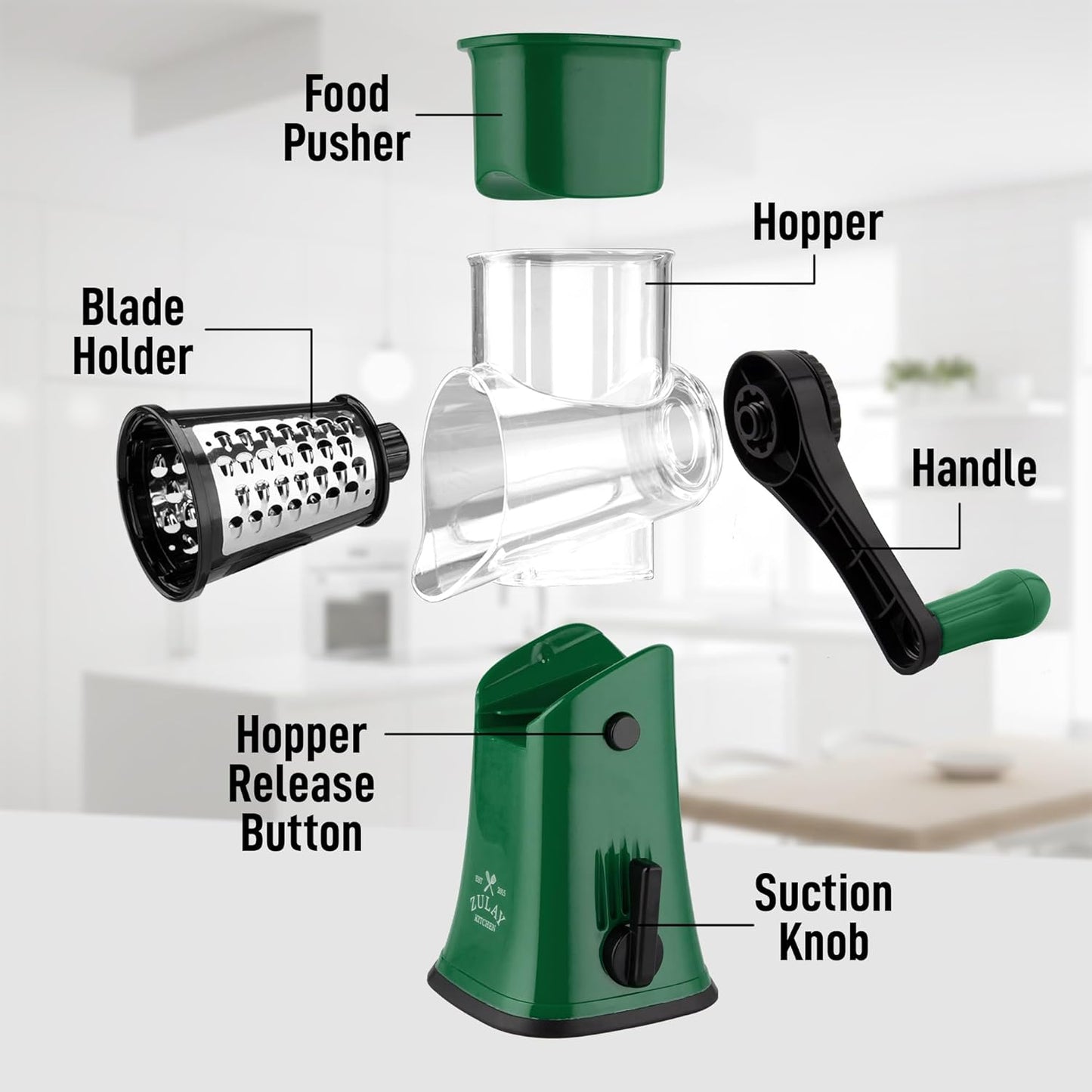 Zulay Kitchen Rotary Cheese Grater 5 Blade Cheese Shredder - Manual Hand Crank Cheese Grater With Reinforced Suction & 5 Interchangeable Drums - Easy to Use, Vegetable Chopper Round Mandoline Slicer - Colors B