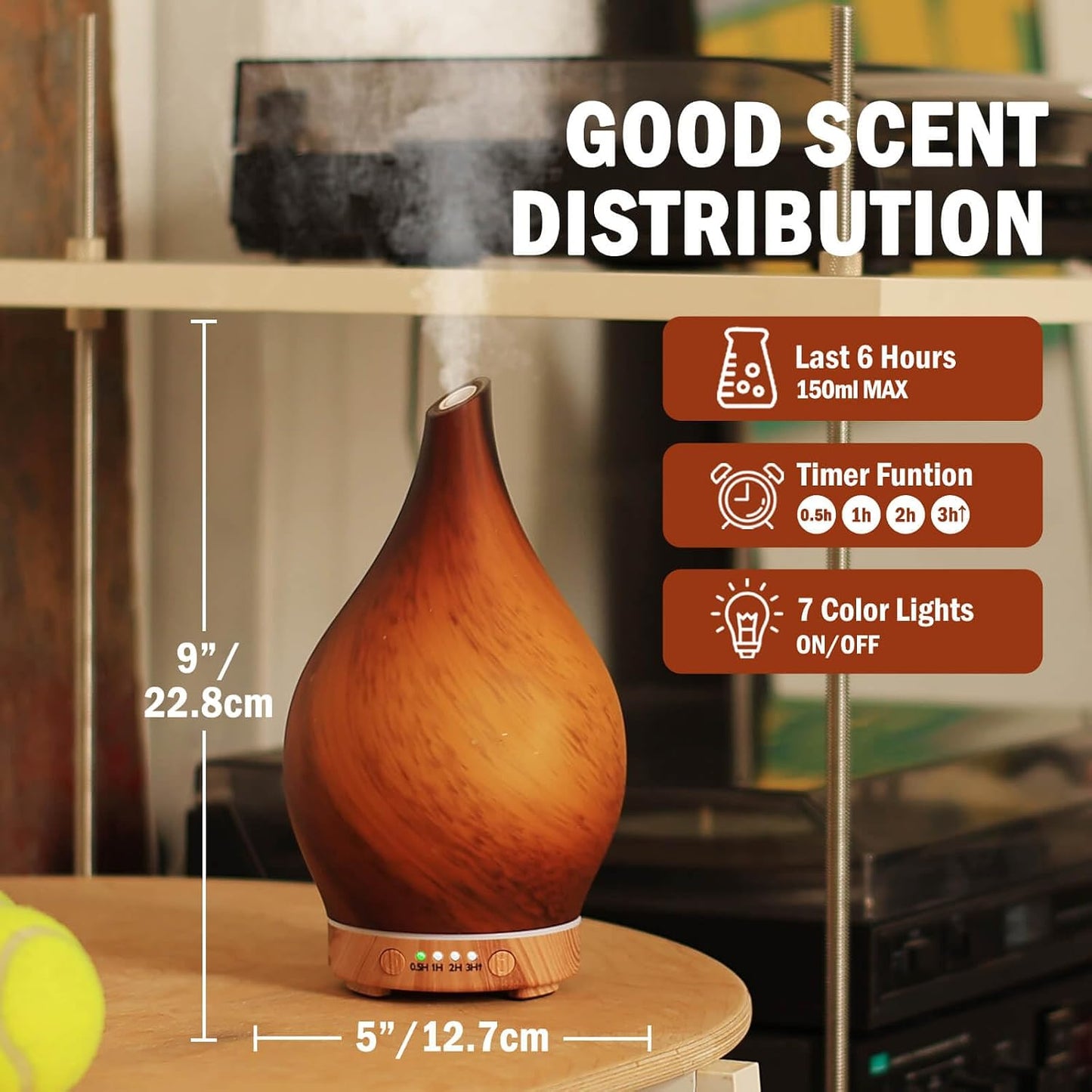 Porseme Oil Diffuser 3D Glass Aromatherapy Ultrasonic Humidifier, Air Refresh Auto Shut-Off, Timer Setting, BPA Free for Home Hotel Yoga Leisure SPA Gift 150ml Last 6H - Colors A
