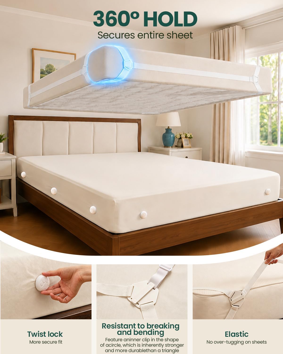 Bed Sheet Holders for Corners: 10 Clips with Side-Edge Locks (Not Just 4 Corners), One-Piece Bed Sheet Straps, No Metal & Anti-Slip, Heavy Duty Fitted Sheet Holder (Twin＆Full Style: 5-8in)