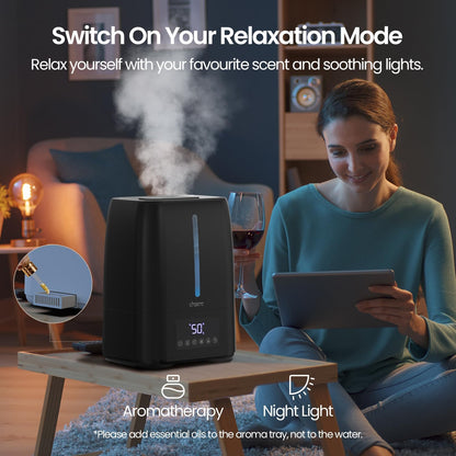 6L Top Fill Ultrasonic Humidifier - Cool and Warm Mist for Bedroom, Baby, Large Rooms & Plants, Smart Humidity Control, Aroma Diffuser, Night Light, 12H Timer, Quiet, Black