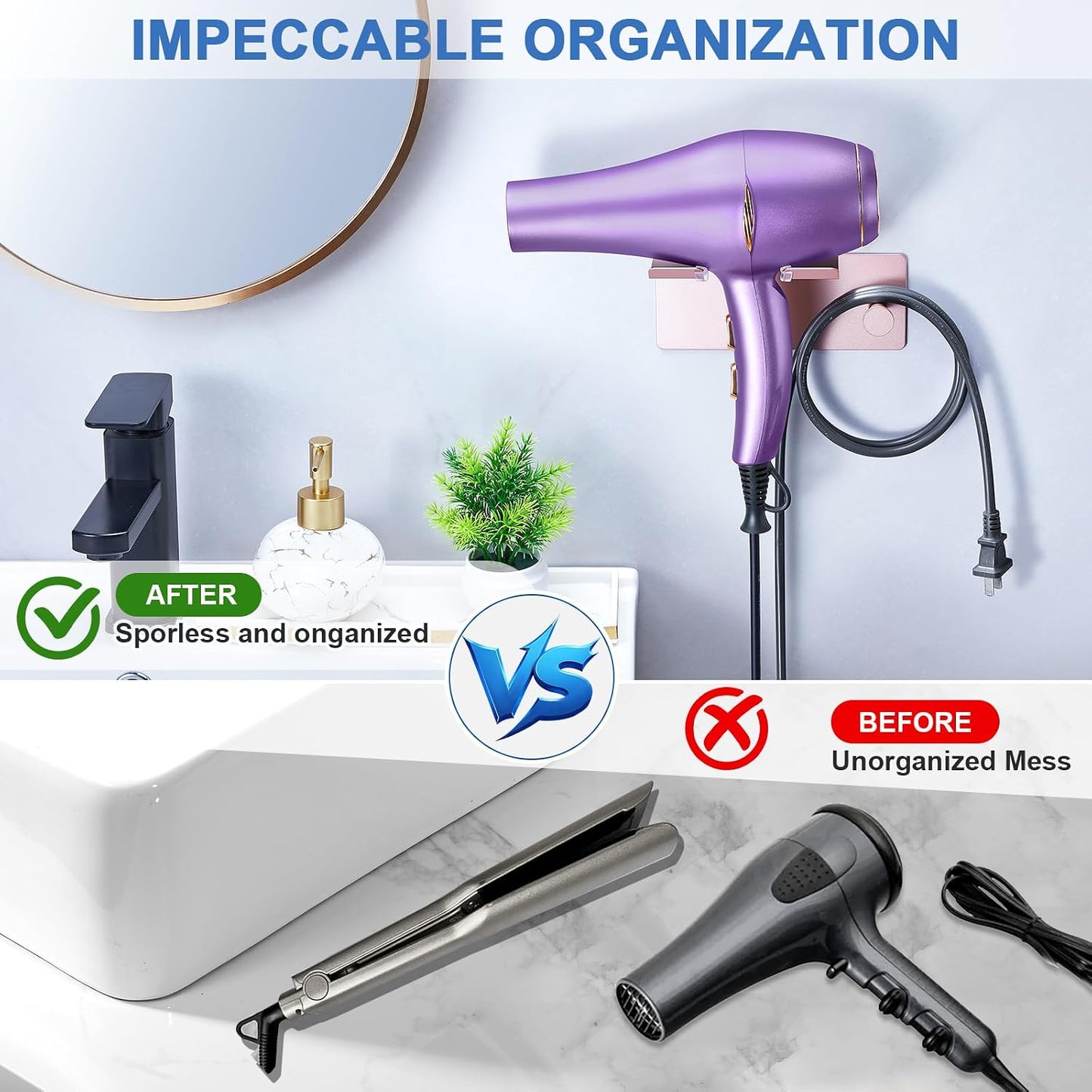 Hair Dryer Holder Wall Mounted, Blow Dryer Holder Adhesive, Metal Hairdryer Holder for Bathroom, Hair Tool Organizer with Plug&Cord for Cabinet Bathroom Bedroom Barber Shops (Rose Gold)