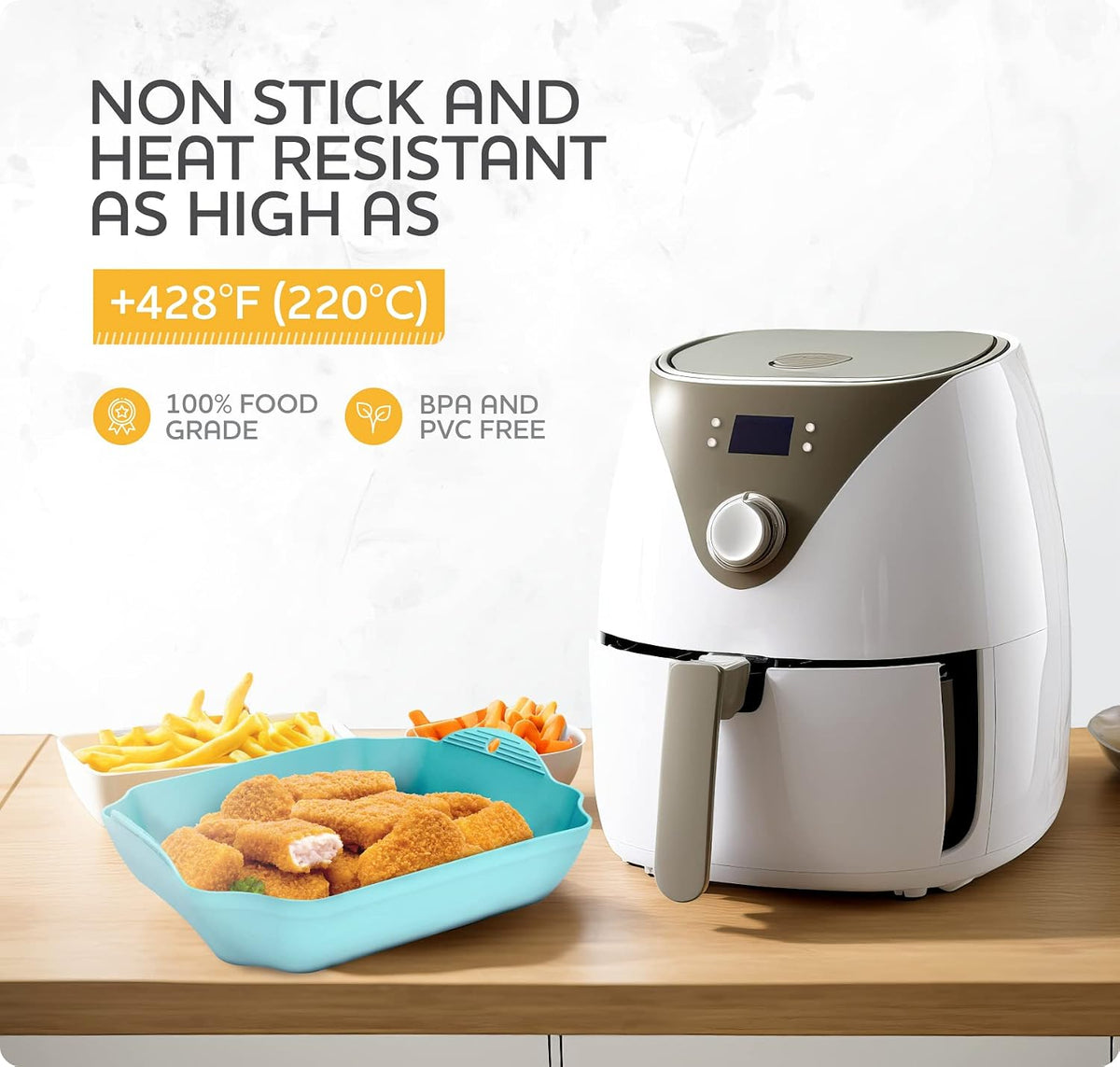 Reusable Silicone Air Fryer Liners Set, 7.5" Square Liners for 4-7QT Air Fryer Tray Baking Oven, Handles & Holes, by Zip Standing