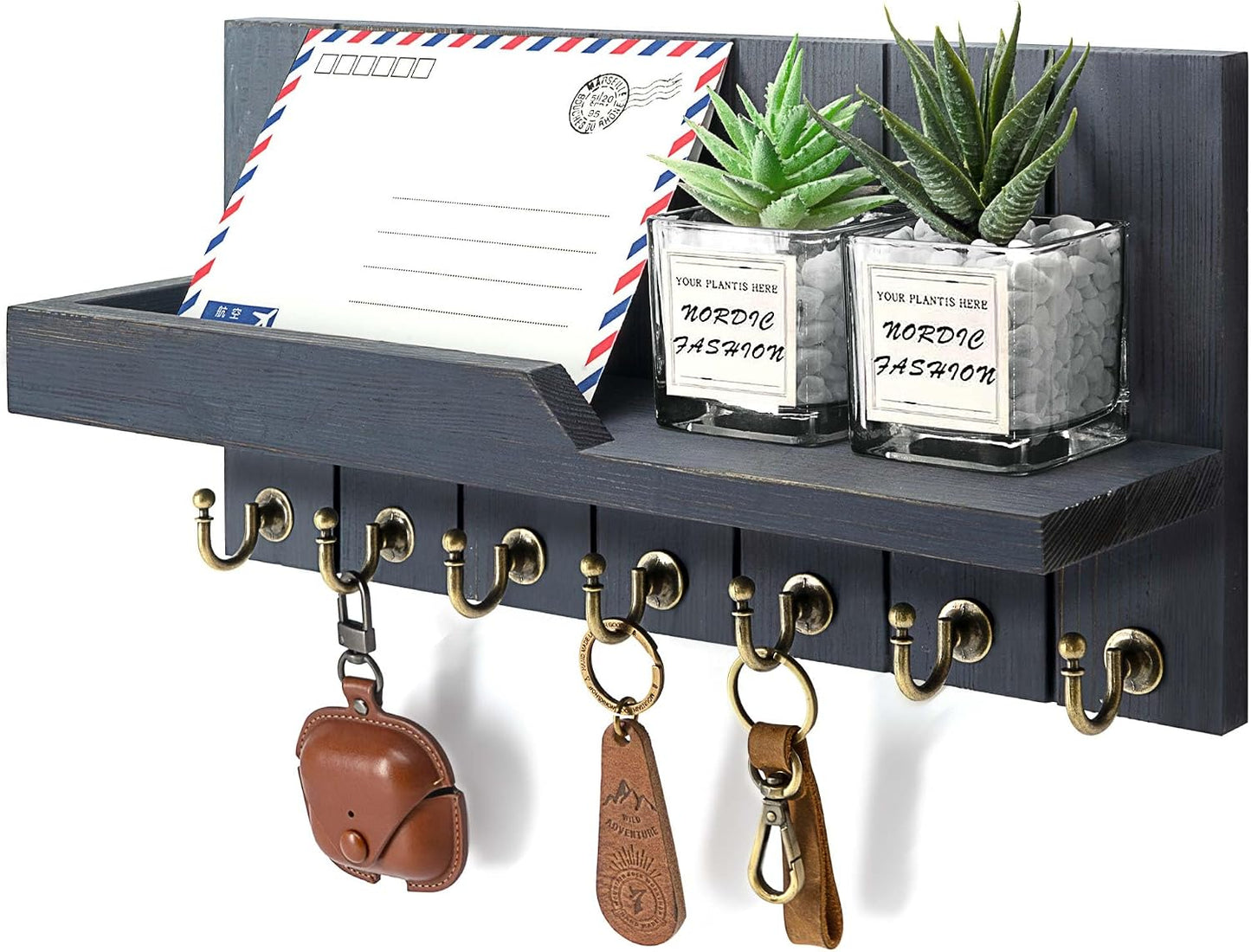 Rebee Vision Key Holder Wall Mount with 5 Key Hooks for Home Decor, Brown | 3.54'' x 10'' x 7.28'', Small Shelf for Display Plant, Key Hangers for Hat, Entryway Space-Saving Storage