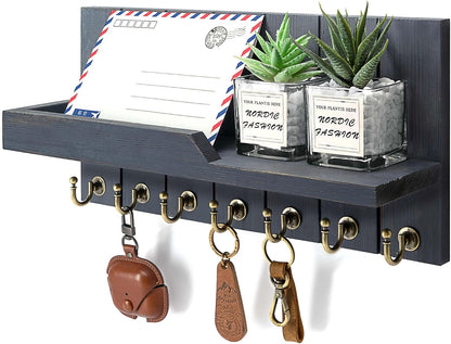 Rebee Vision Key Holder Wall Mount with 5 Key Hooks for Home Decor, Brown | 3.54'' x 10'' x 7.28'', Small Shelf for Display Plant, Key Hangers for Hat, Entryway Space-Saving Storage