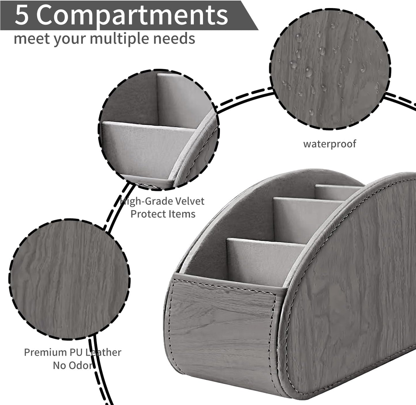 Pu Leather TV Remote Control Holder with 5 Compartments,Remote Caddy/Tray | Bedside Table Desk Storage Box/Organizer for Pen,DVD,Blu-Ray,Media Player,Heater Controller,Cosmetics,Glasses,Office Supplies