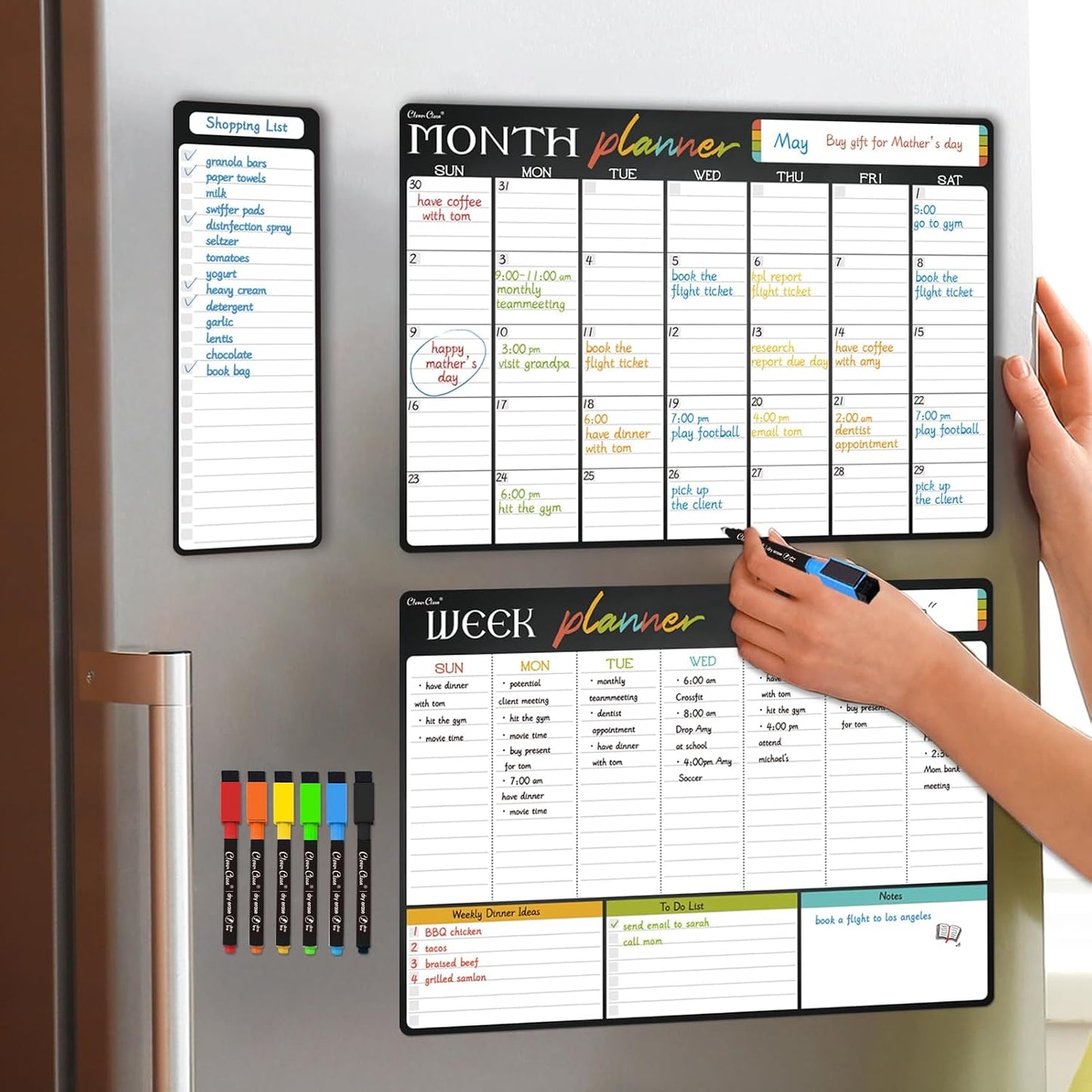 Magnetic Dry Erase Monthly Calendar Set - 15.5"x13" Monthly and 8.5"x13" Weekly Calendar for Fridge - 6 Extra Fine Point Markers Included - Shipped Flat