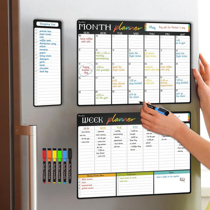 Magnetic Dry Erase Monthly Calendar Set - 15.5"x13" Monthly and 8.5"x13" Weekly Calendar for Fridge - 6 Extra Fine Point Markers Included - Shipped Flat