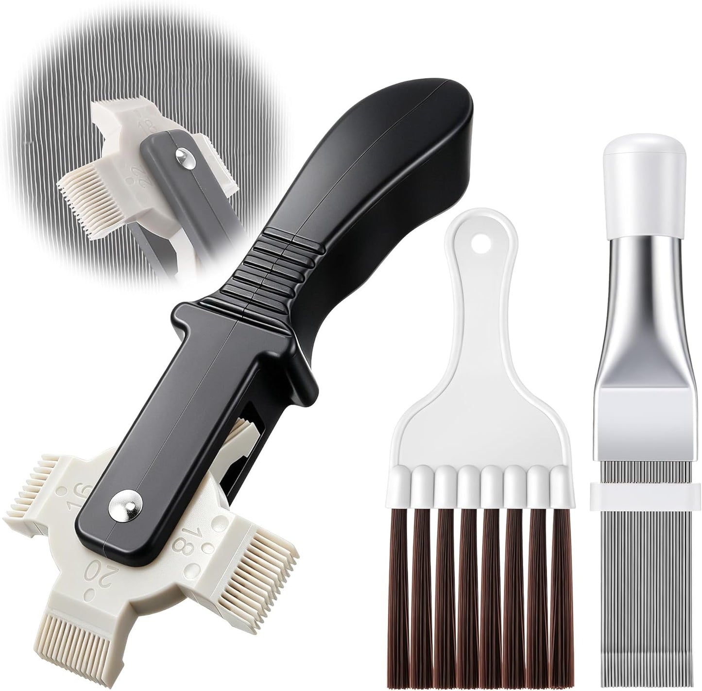 3 Piece Air Conditioner Condenser Fin Comb Kit, Fin Straightening Tool, Coil Cleaner Stainless Steel Comb and Evaporator Radiator Cleaning Whisk Brush for Condenser or Evaporator Units