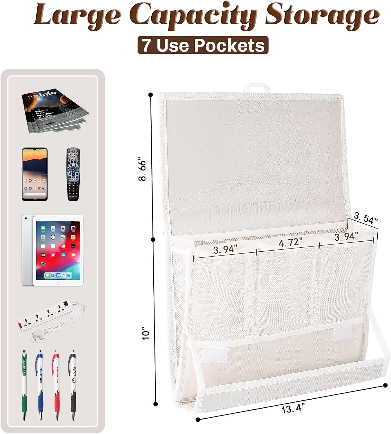 Bedside Caddy Organizer for Dorm Bed Rails with 7 Pockets, Gray | Bed Pockets Bedside Storage with Power Strip Holder & 2 Adjustable Straps for Home, College, Dorm, Hospital Bedside Organizer