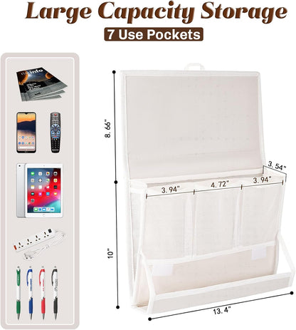 Bedside Caddy Organizer for Dorm Bed Rails with 7 Pockets, Gray | Bed Pockets Bedside Storage with Power Strip Holder & 2 Adjustable Straps for Home, College, Dorm, Hospital Bedside Organizer
