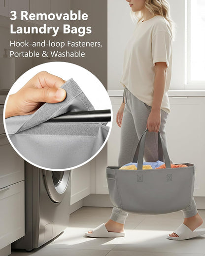 3 Section Laundry Sorter with Removable Bags, 120L Rolling Vertical Laundry Hamper, Stackable Laundry Baskets organizer for Bathroom, Apartment, Dorm (Beige, With Wheel)