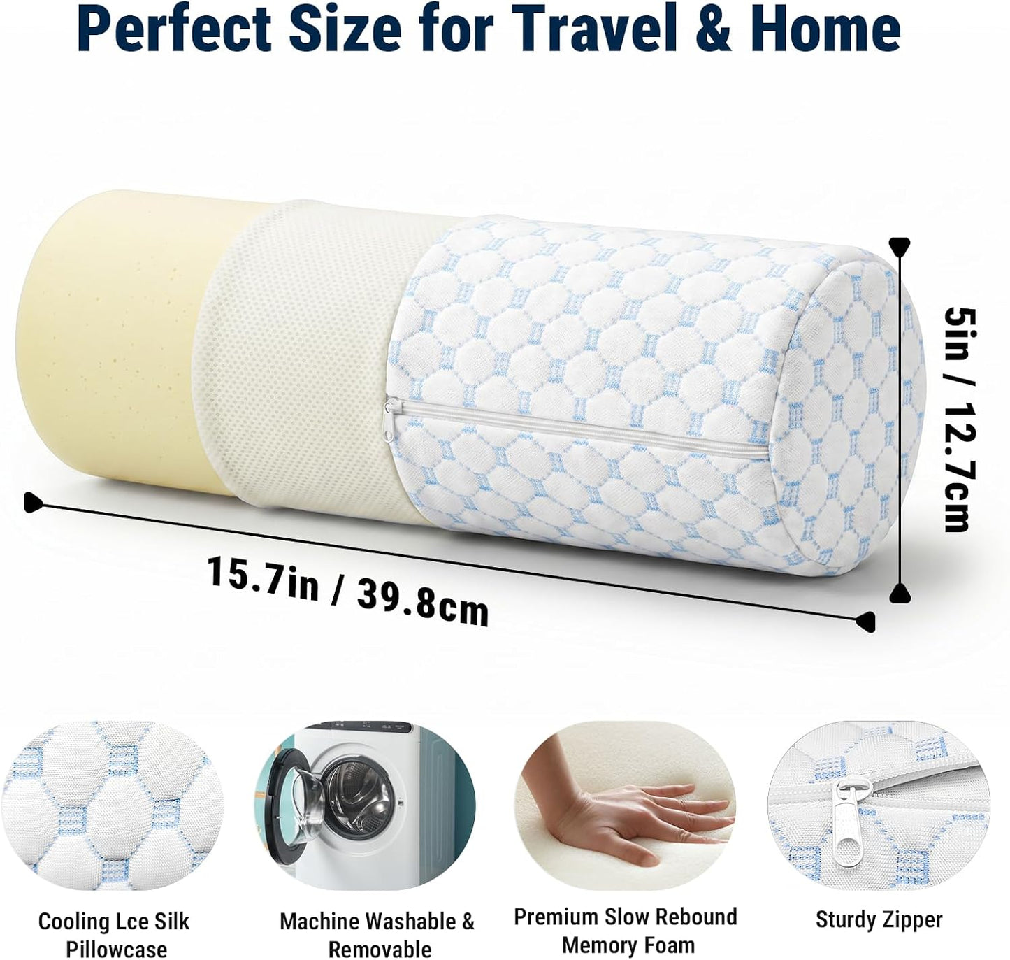 Neck Roll Pillow for Neck Pain Relief - Memory Foam Neck Support Pillow for Bed | Round Neck Pillow for Sleeping, 15.7 * 6 * 6 inch (Cool-Blue)