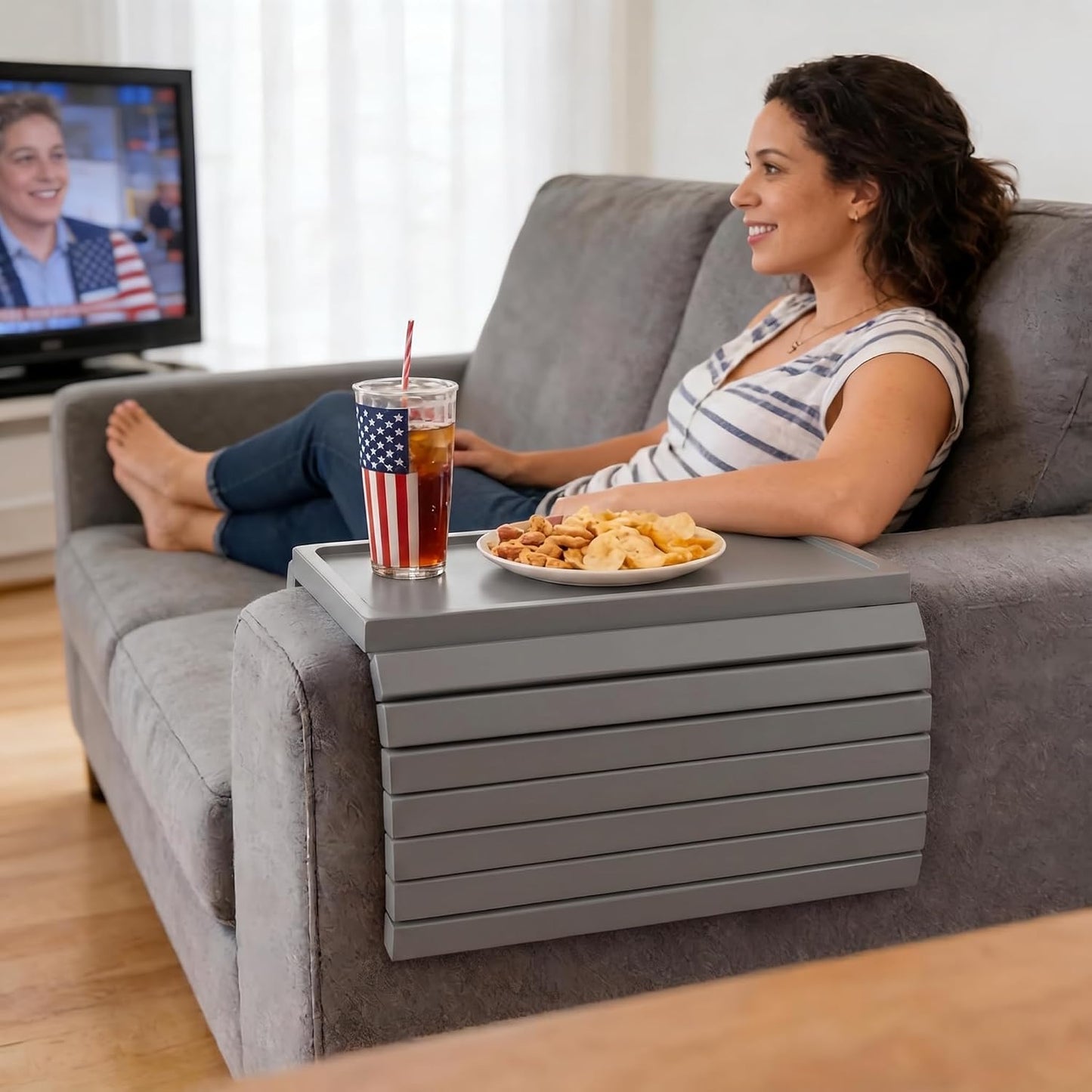 Acacia Wood Couch Armrest Table, Couch Arm Tray, Foldable Anti-Slip Wood Couch Tray, Sofa Cup Holder for Drink Snacks Remote Control