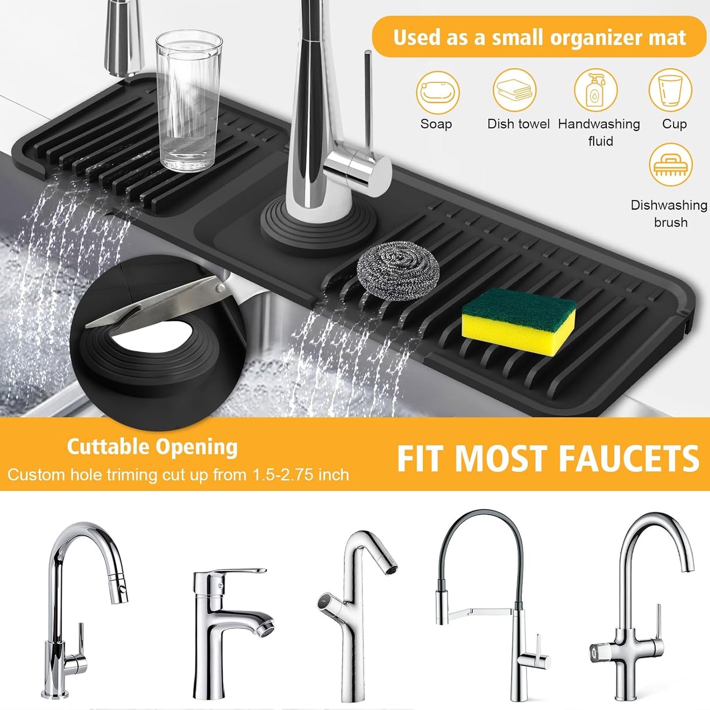17.7-Inch Kitchen Sink Splash Guard Mat | 7° Slope for Fast Self-Draining | Snap-Lock Design | Universal & Cuttable Silicone Faucet Mat Gray