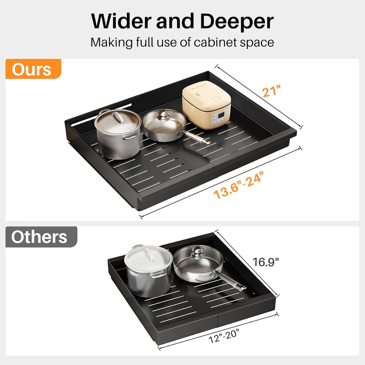Pull out Cabinet Organizer, 1-Pack Expandable(13.6"-24") Silde out Drawers with Raising Pad for Framed Cabinets, Adjustable Full-Extension Adhesive Roll out Shelves for Kitchen Pantry Home Pot and Pan