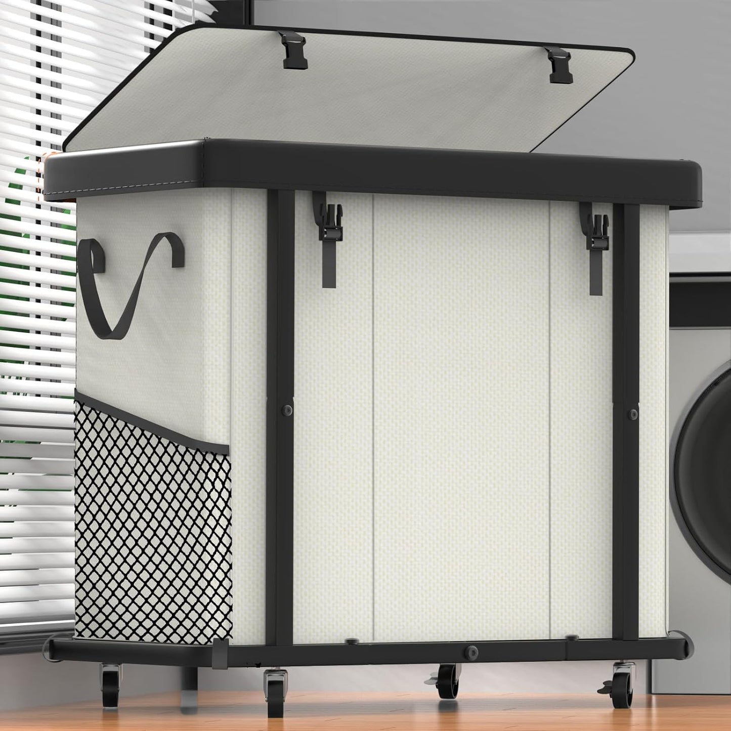 Laundry Hamper with Wheels,150L Leather Patchwork Clothes Hamper Black | Rolling Laundry Basket with Sturdy Metal Frame, Removable Washable Bag,Tall Clothes Sorter for Bedroom, Laundry Room, Dorm