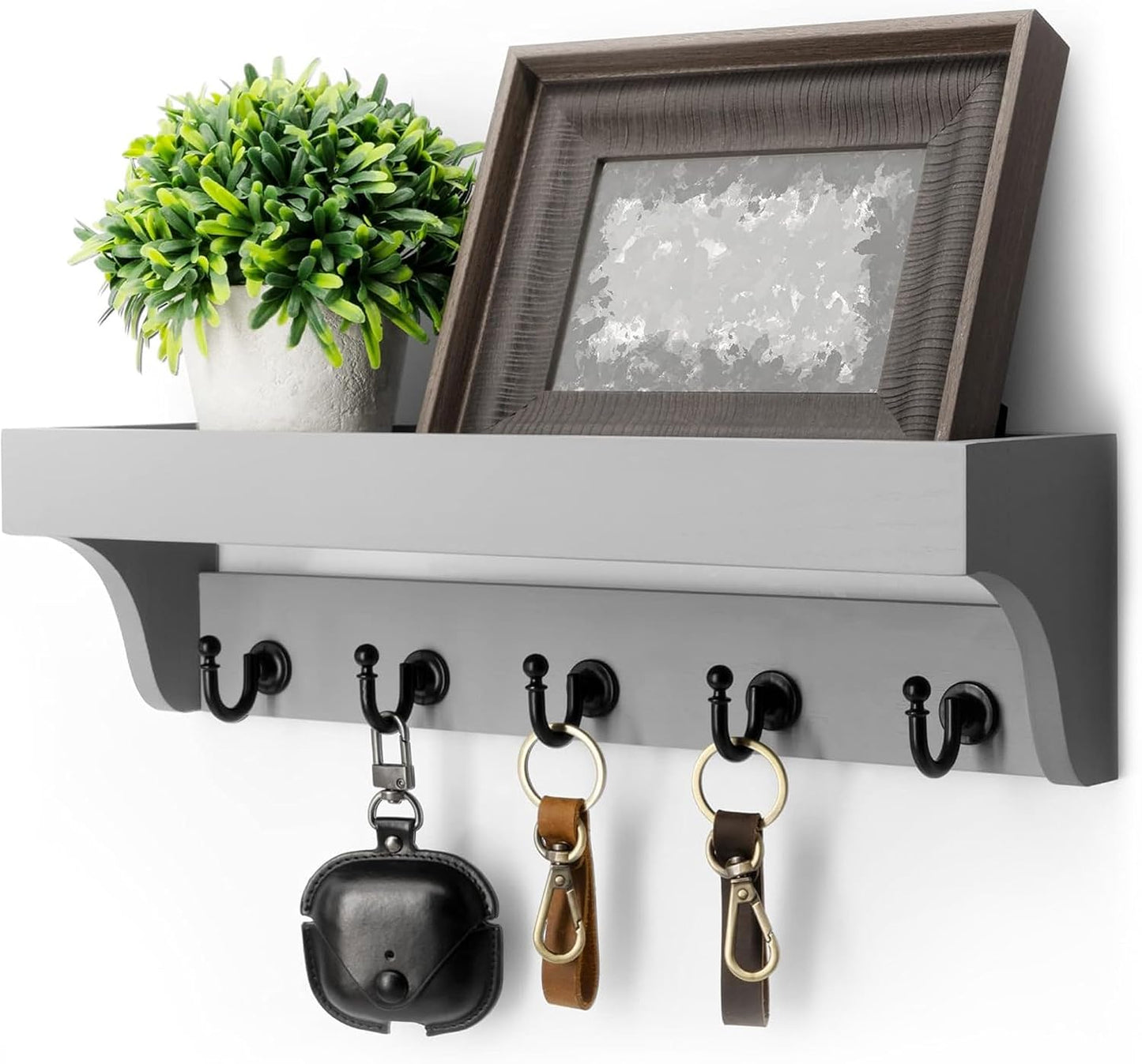 Rebee Vision Key Holder Wall Mount with 5 Hooks for Entryway, Retro Brown | Display Shelf for Plant & Letters, Key Shelf for Hats, Dog Leashes, Mail Organizer, Decorative Entryway & Living Room