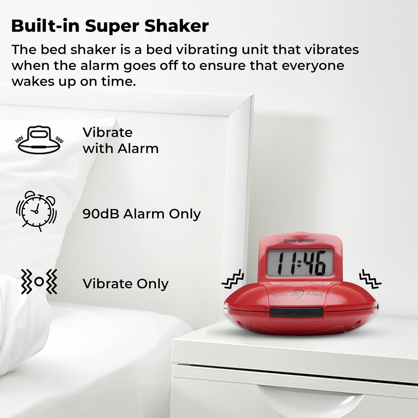 Sonic Alert Digital Alarm Clock - Small Travel Clocks for Heavy Sleepers - Battery Operated with Vibrating Bed Shaker - Red