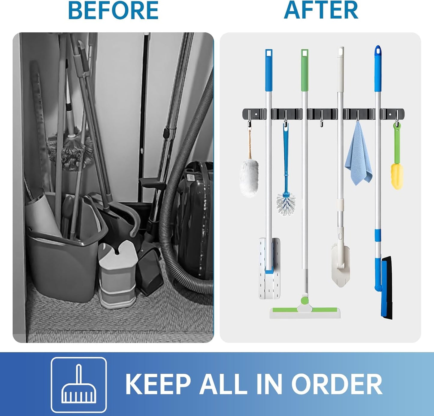 ZONGOOL 2 Pack Mop Broom Holder Wall Mount 4 Racks 5 Hooks Storage Black | 304 Rustproof Stainless Steel Broom Hanger, Non-Slip Wall Mount Organizer, Space Saving For Kitchen, Laundry, Garden