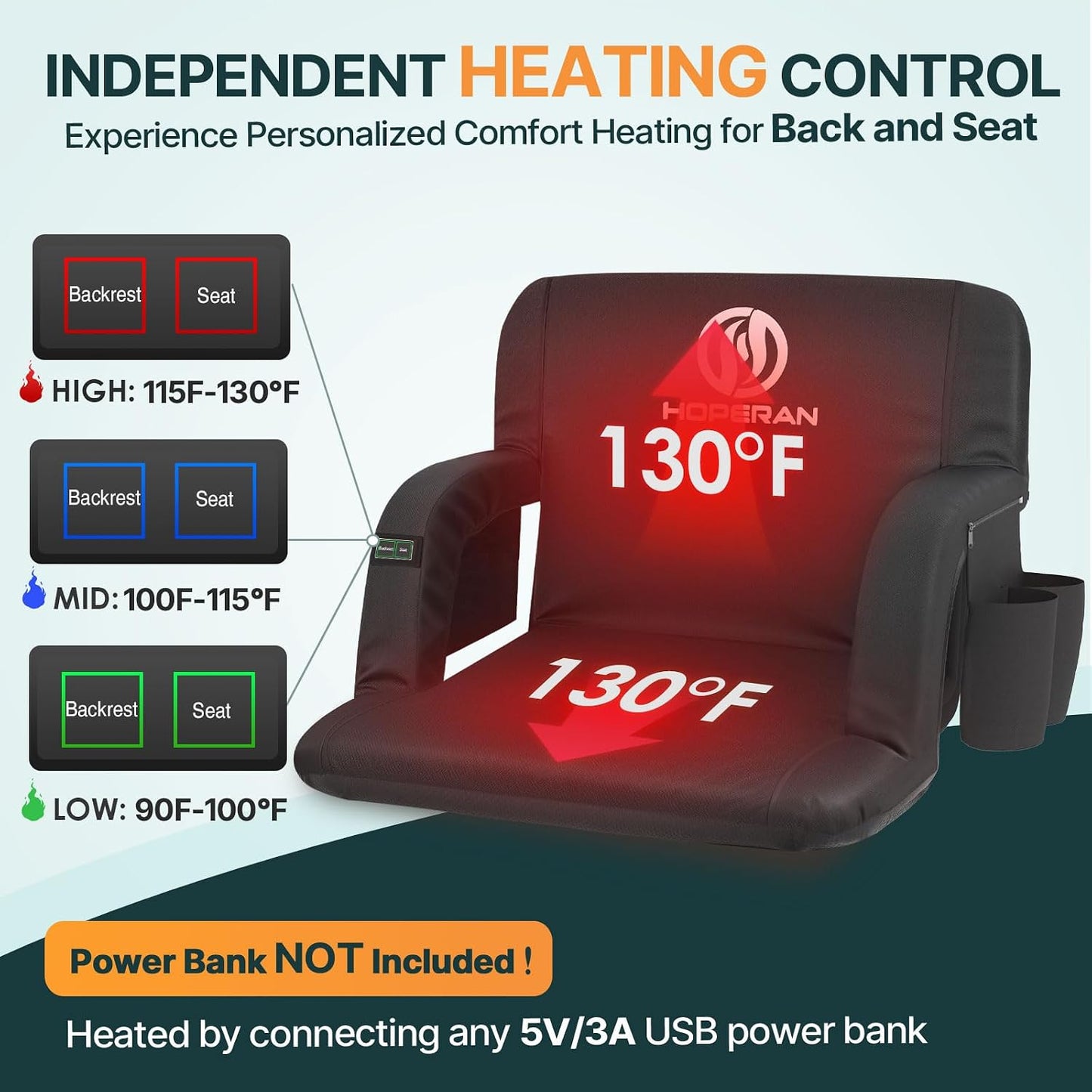 HOPERAN Heated Stadium Seats with Back Support, Dual Control, 1-Pack | Independent Seat & Back 3 Level Heat (NO Battery), Soft Cushion, 6 Recliner, Anti-Slip, Side Pockets, Backpack Straps