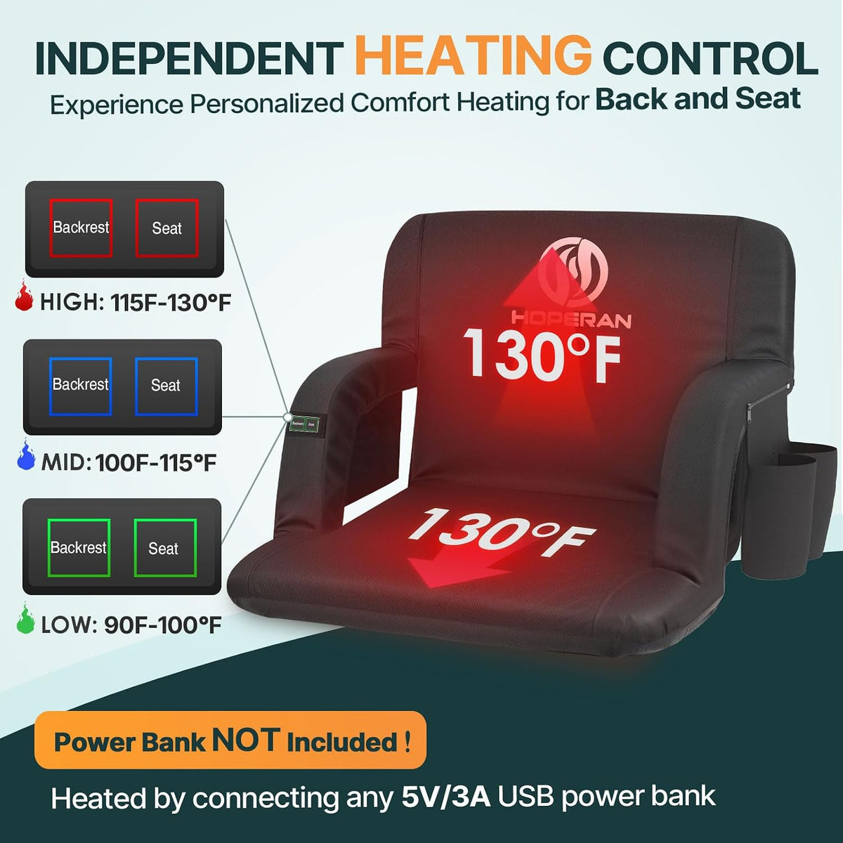 HOPERAN Heated Stadium Seats with Back Support, Dual Control, 1-Pack