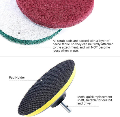 Swpeet 16Pcs 5Inch 3 Scrubbing Pads Drill Powered Brush Tile Scrubber Scouring Pads Cleaning Kit, Abrasive Buffing Pads Replacement with 1 Pcs Hook Attachment for House Cleaning