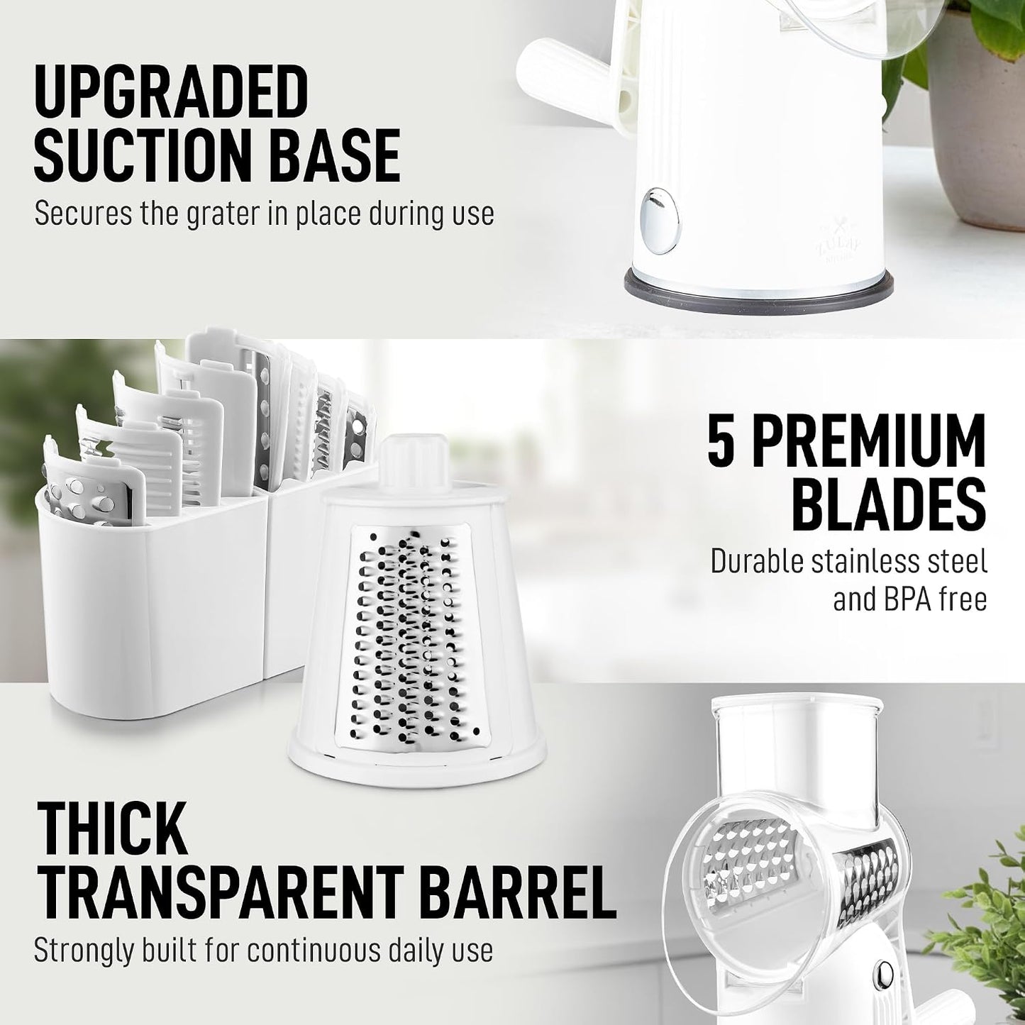 Zulay Kitchen Rotary Cheese Grater 5 Blade Cheese Shredder - Manual Hand Crank Cheese Grater With Reinforced Suction & 5 Interchangeable Drums - Easy to Use, Vegetable Chopper Round Mandoline Slicer - Colors A