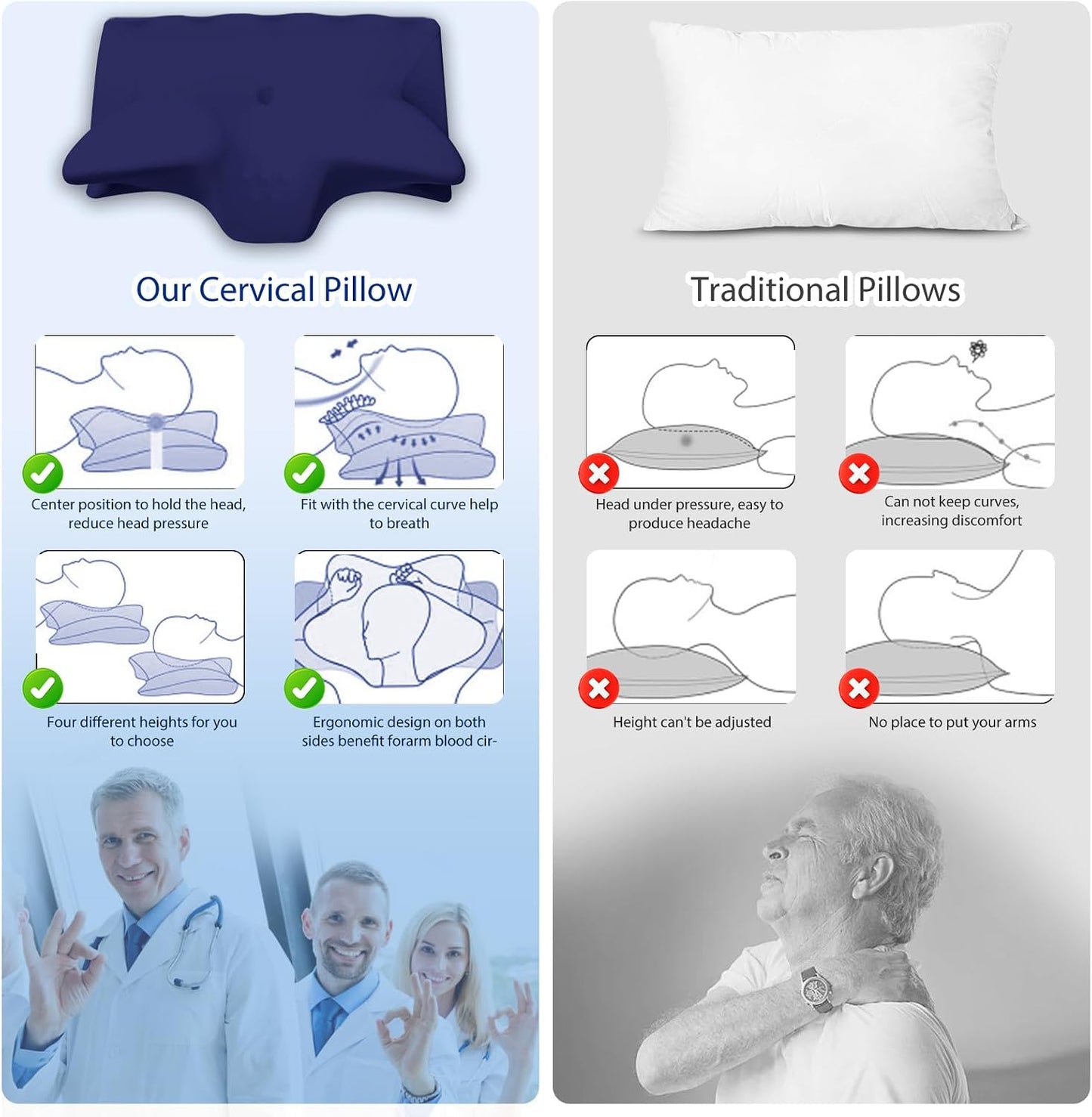 Cervical Pillow for Neck Pain Relief, Cooling Contour Memory Foam Pillows Support Odorless Ergonomic Neck Pillow Adjustable Orthopedic Bed Pillow for Side Back Stomach Sleeper with Pillowcase,Snow