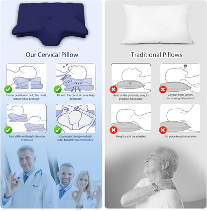 Cervical Pillow for Neck Pain Relief, Cooling Contour Memory Foam Pillows Support Odorless Ergonomic Neck Pillow Adjustable Orthopedic Bed Pillow for Side Back Stomach Sleeper with Pillowcase,Snow