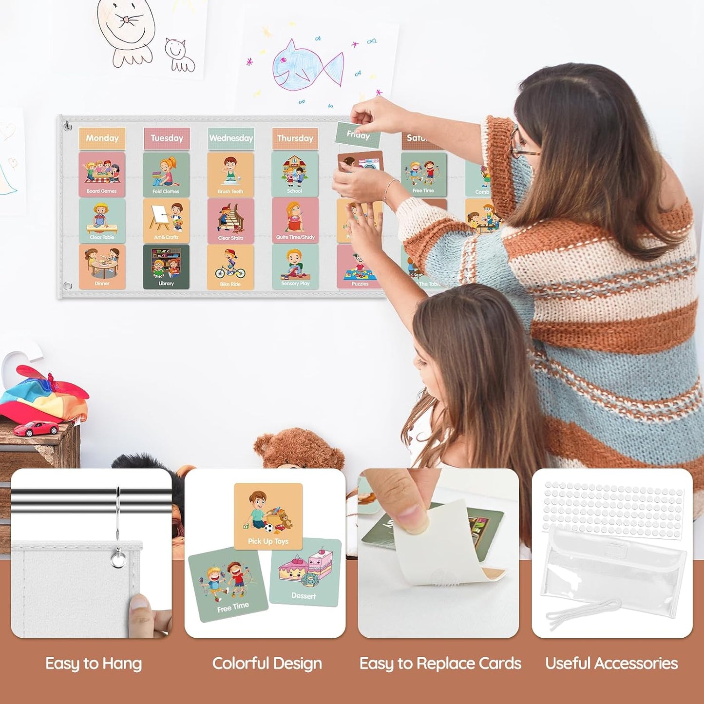 Large Visual Schedule for Kids Chore Reward Chart,Bedtime Routine Chart for Toddlers,Double Side Weekly Planner Board With 109 Cards for Home School Planner,Autism Learning Materials.