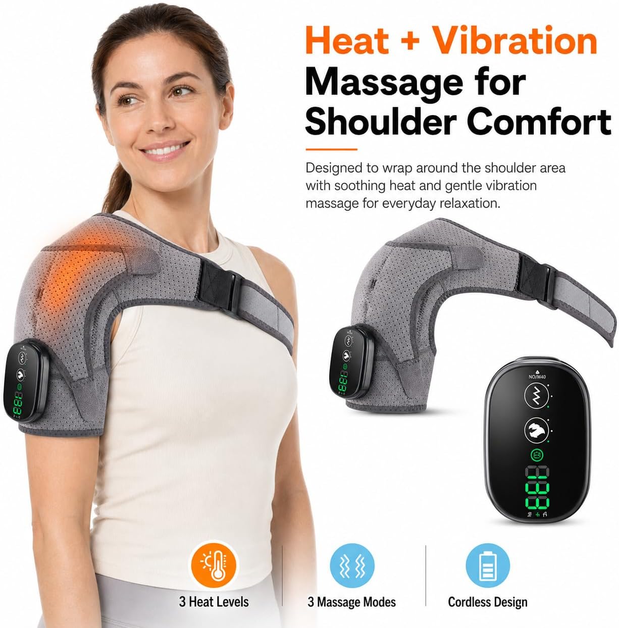 Cordless Shoulder Heating Pad with Massage, Rechargeable Shoulder Massager with Heat, Heated Shoulder Wrap, 3 Heat Levels & 3 Vibration Modes, 5000mAh Battery, Left or Right Shoulder, Black