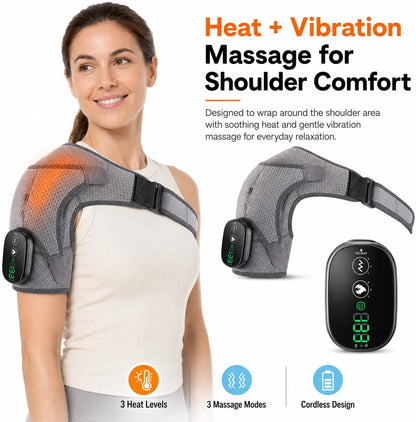 Cordless Shoulder Heating Pad with Massage, Rechargeable Shoulder Massager with Heat, Heated Shoulder Wrap, 3 Heat Levels & 3 Vibration Modes, 5000mAh Battery, Left or Right Shoulder, Black