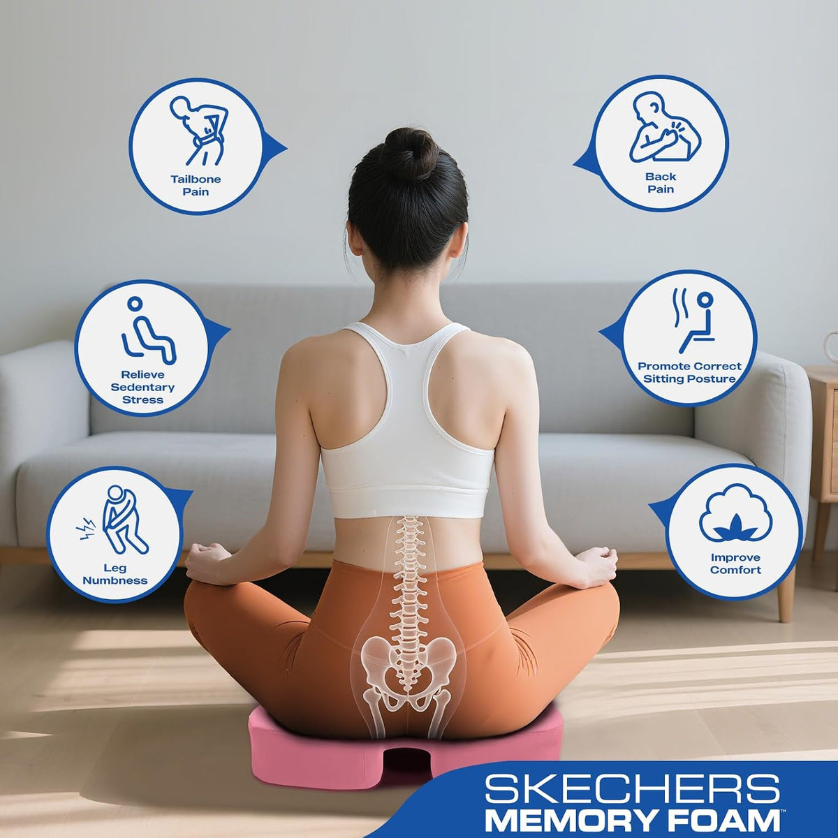 Skechers Seat Cushion, Ergonomic Memory Foam Cushion for Long Sitting Hours on Office & Home Chair, Car Seat Cushion for Sciatica, Coccyx Cushion,Brown