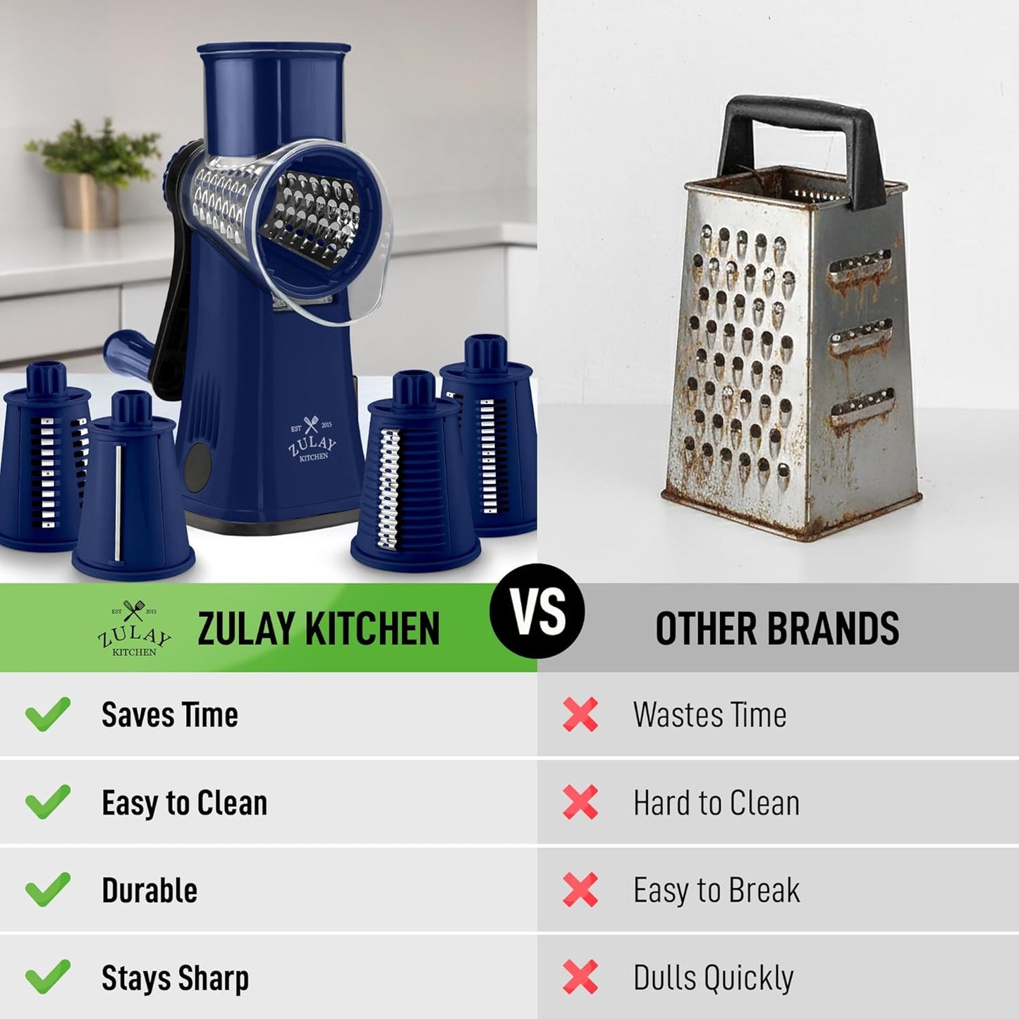 Zulay Kitchen Rotary Cheese Grater 5 Blade Cheese Shredder - Manual Hand Crank Cheese Grater With Reinforced Suction & 5 Interchangeable Drums - Easy to Use, Vegetable Chopper Round Mandoline Slicer - Colors A