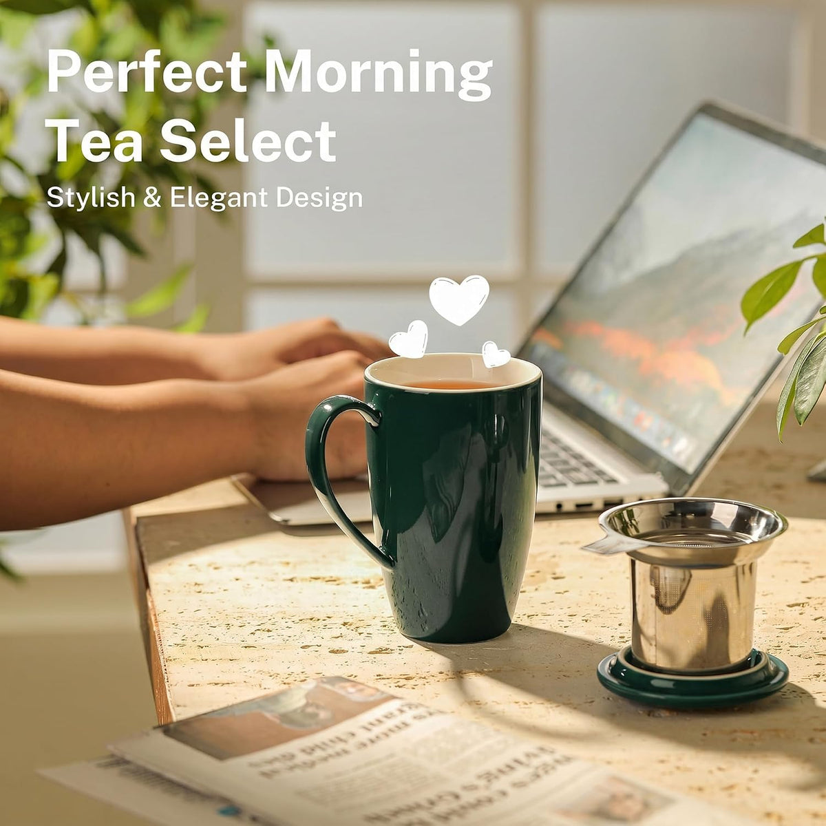 Sweese 15oz Porcelain Tea Mug with Infuser and Lid – Microwave Safe, Ergonomic Handle, Lead-Free Glaze, for Loose Leaf Tea