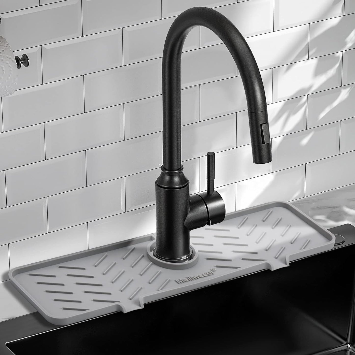 Silicone Faucet Mat for Kitchen Sink – Gen 2 Splash Guard with Upgraded Outlet & Slope – 18” x 5.1” Water Catcher & Sink Sponge Holder for Kitchen and Bathroom (Black)
