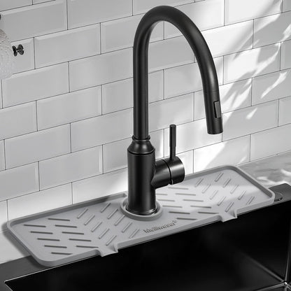 Silicone Faucet Mat for Kitchen Sink – Gen 2 Splash Guard with Upgraded Outlet & Slope – 18” x 5.1” Water Catcher & Sink Sponge Holder for Kitchen and Bathroom (Black)