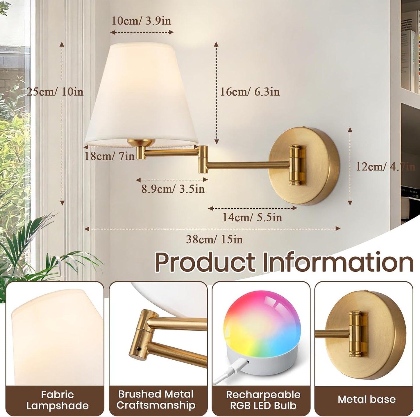 Cordless Battery Operated Wall Sconces Set of 2, Black Swing Arm Wall Sconce, Rechargeable Wall Mounted Reading Light Bedside Wall Lamp, Wireless Wall Sconce Fixtures for Bedside, Hallway, Study