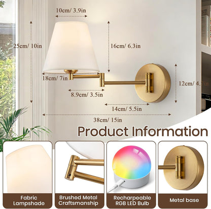 Cordless Battery Operated Wall Sconces Set of 2, Black Swing Arm Wall Sconce, Rechargeable Wall Mounted Reading Light Bedside Wall Lamp, Wireless Wall Sconce Fixtures for Bedside, Hallway, Study
