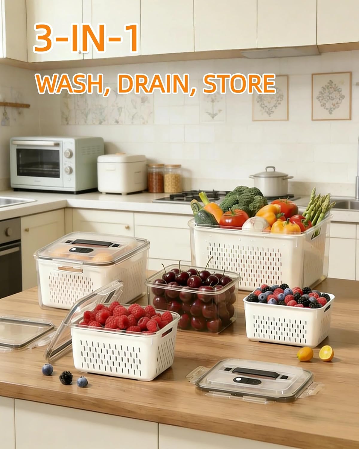 SnowSky 4PCS 2-in-1 Fruit & Veggie Fresh Box with Detachable Colander & Divider – Airtight Leak-Proof Fridge Storage Container with Lid for Berry, Meal Prep, Kitchen
