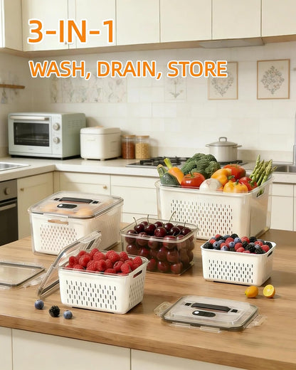 SnowSky 4PCS 2-in-1 Fruit & Veggie Fresh Box with Detachable Colander & Divider – Airtight Leak-Proof Fridge Storage Container with Lid for Berry, Meal Prep, Kitchen