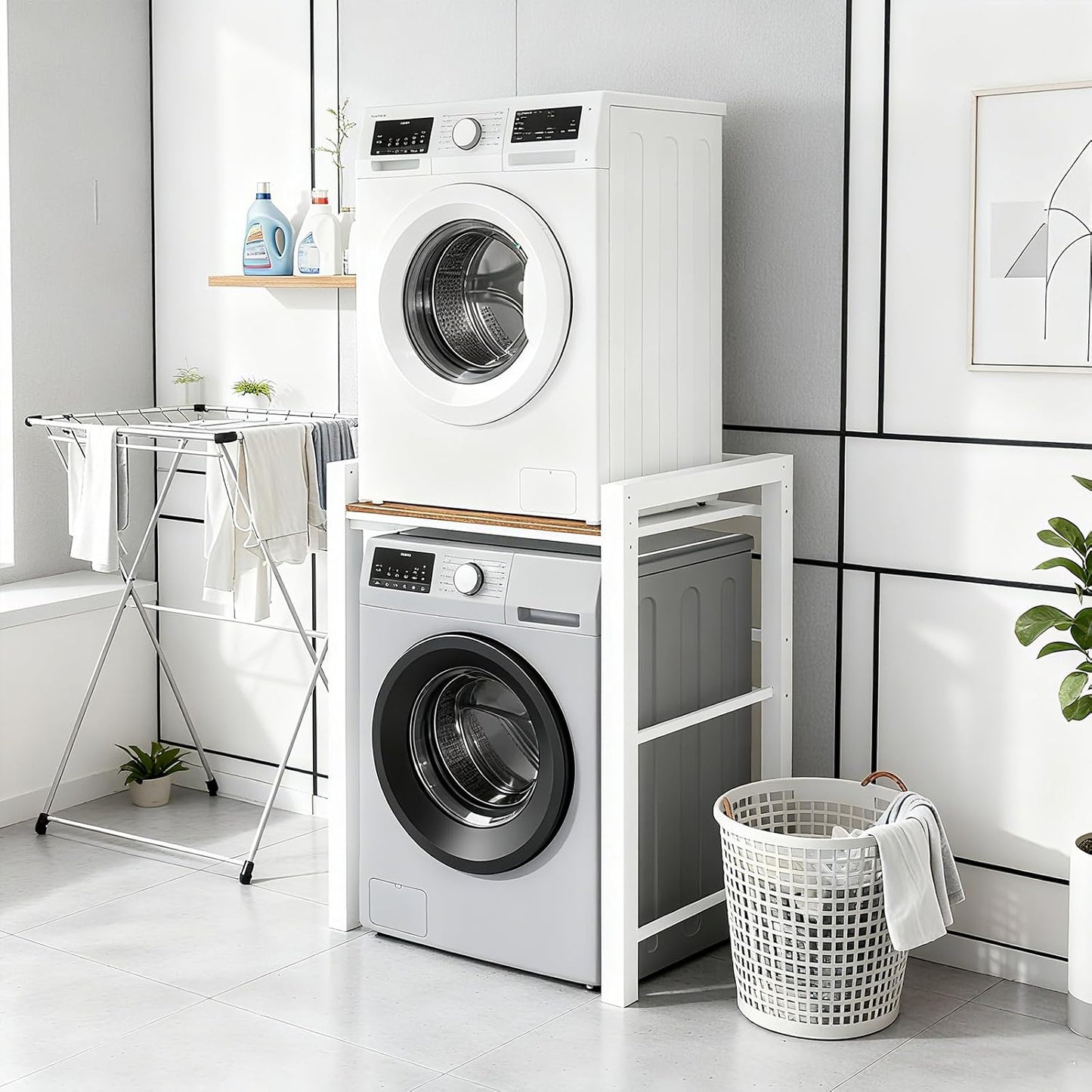Heavy Duty Steel Shelf Over Washer and Dryer, Portable Washer and Dryer Stand, Laundry Room Organizer with Adjustable Laminate, Washing Machine Shelf for Bathroom and Laundry Room (Black-A)