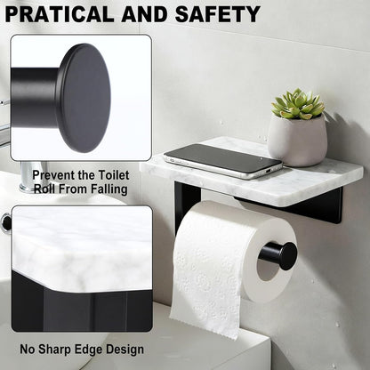 Toilet Paper Holder with Natural Marble Shelf for Bathroom Washroom,Wall Mounted Tissue Holder Suitable for Mega Roll (Brushed Nickel,Small 6.7 * 4.3 in)